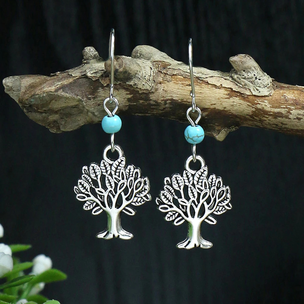Ancient Silver Ethnic Style Earrings Turquoise Inlaid Beads Bell Leaves Birds Embellishment Personalized Accessories Gift Party 250716