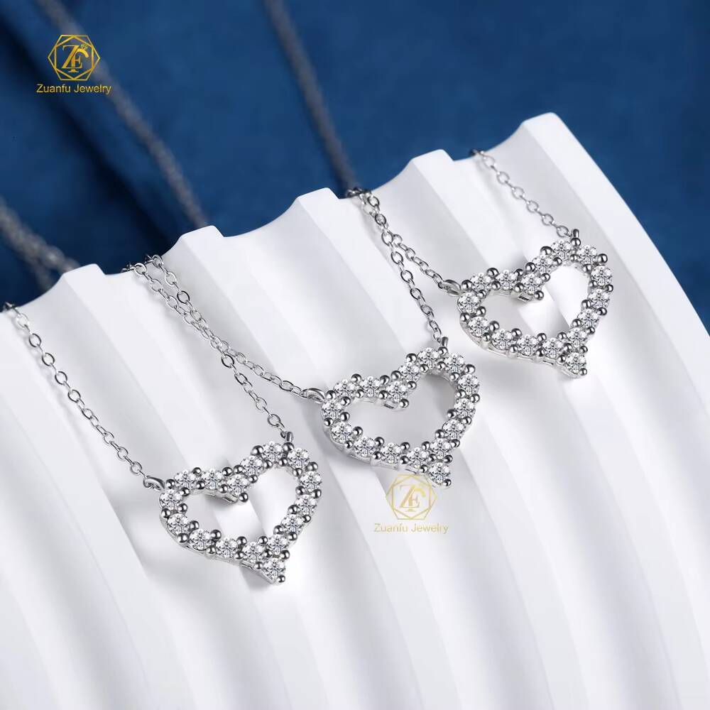 Trendy 2mm Iced Out Moissanite 925 Silver Plated Hollow Heart Pendant Necklace Romantic Jewelry for Girls