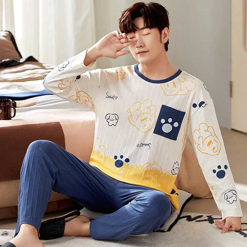 00% Cotton Men Pajamas Set Long Sleeve Pants Pajamas for Women Homewear Pure Cotton Loungewear Nightie Sleepwear Men Pajamas W250717