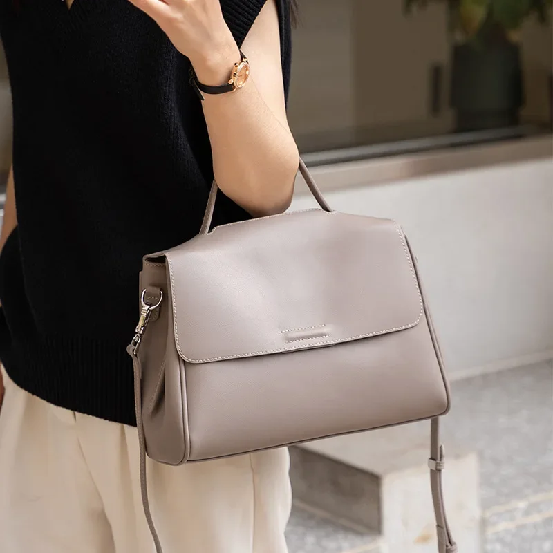 France Niche Design 2025 Women Handbag Split Cow Leather High Capacity Crossbody Shoulder Bags Solid Color Shopper Tote Grey