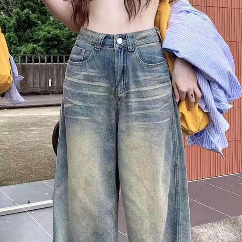 Spring Summer Vintage Chicly Button Jeans Women American Simple Baggy High Waisted Denim Pants Washed Y2K Wide Leg Jeans Trousers R250716