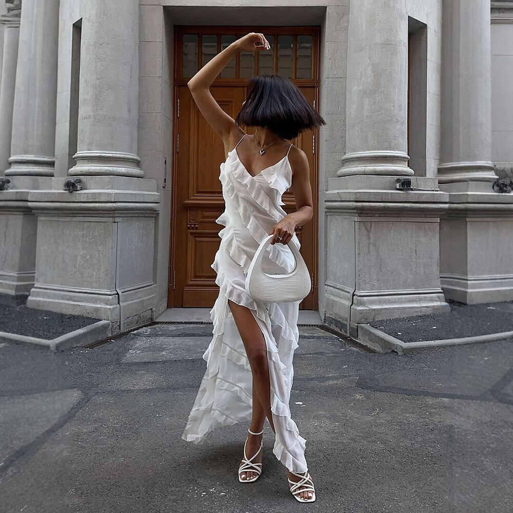 Patchwork Ruffle Strap Summer New Sexy Split Slim Fit Long Dress B5