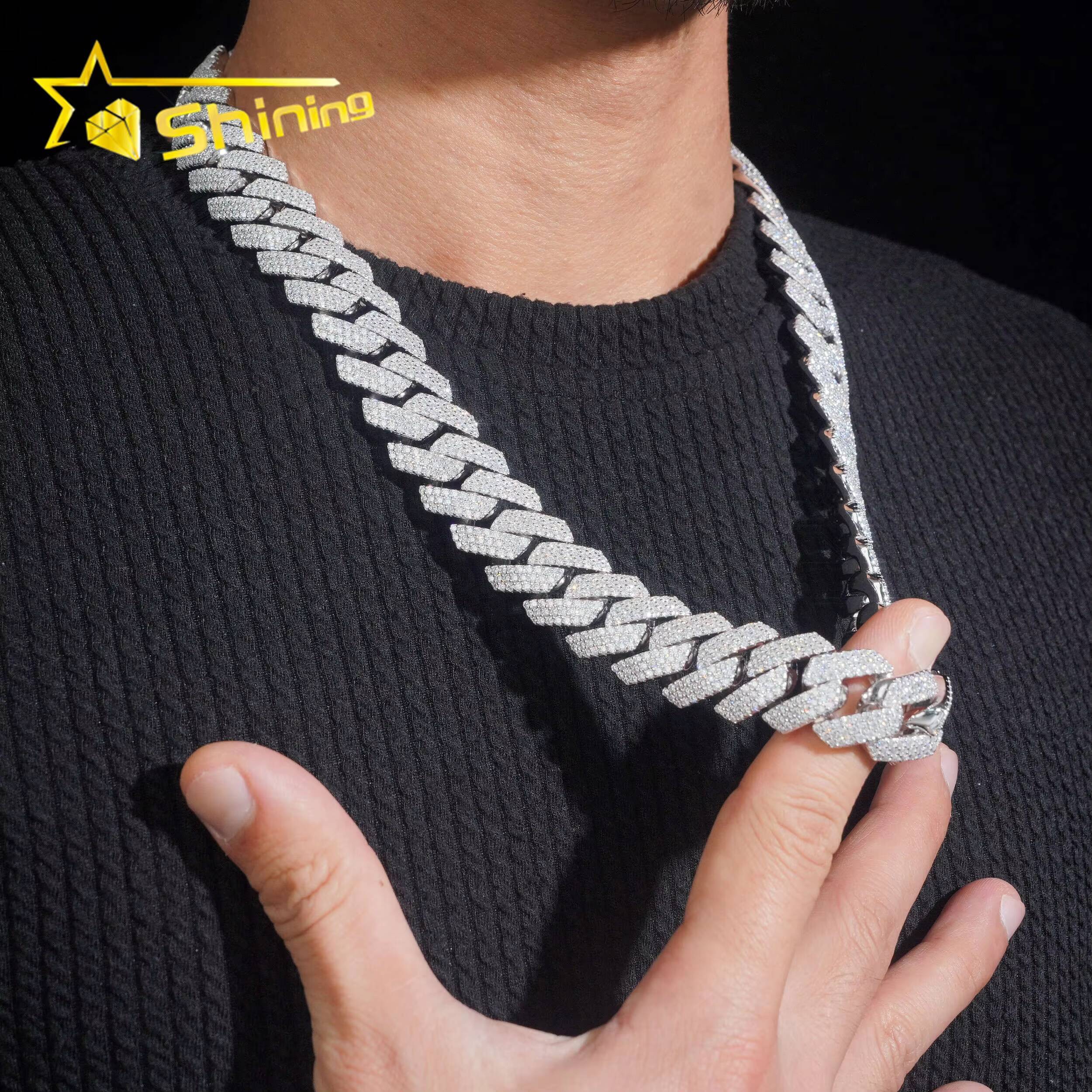 High-end Hip Hop Solid Heavy 20mm Width 3 Rows 925 Silver Iced Out Moissanite Diamond Cuban Link Chain