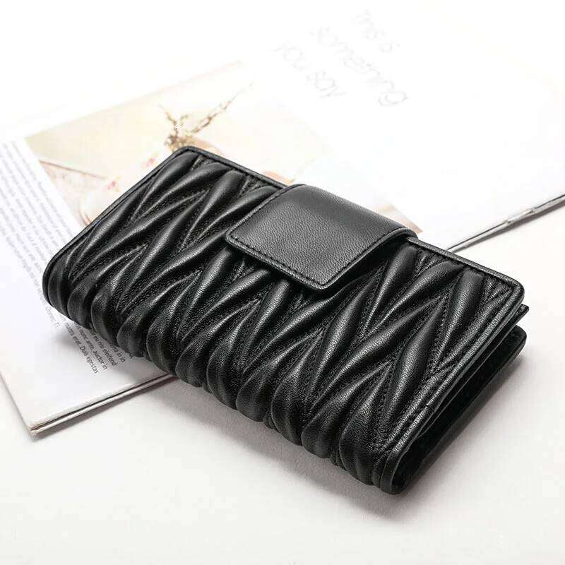 Wrinkled 100% Sheepskin Genuine Leather Women Long Large Capacity Leather Handbag New Zipper Multifunctional Zero Wallet