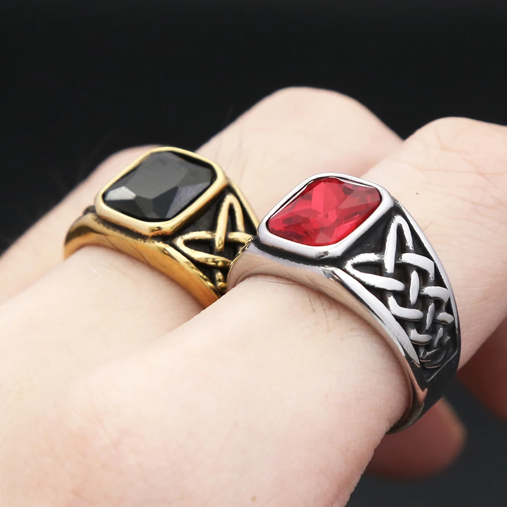 Punk Vintage Square Red Stone Signet Rings For Men Women Stainless Steel Nordic Vikings Knot Rune Ring Fashion Jewelry Wholesale 250716