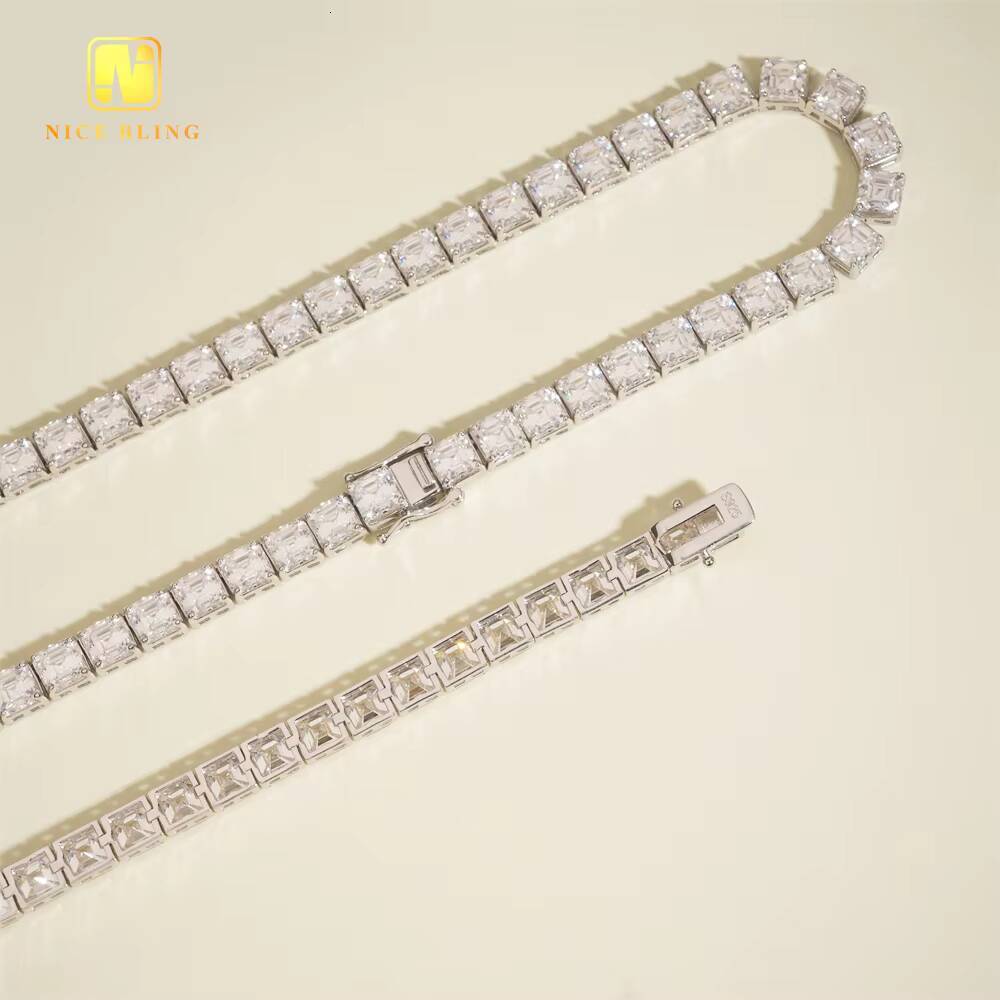 New Fancy Cut Asscher Cut 5.5MM Tennis Chain 925 Sterling Silver Pass Diamond Tester GRA Certificate Moissanite Tennis Bracelet