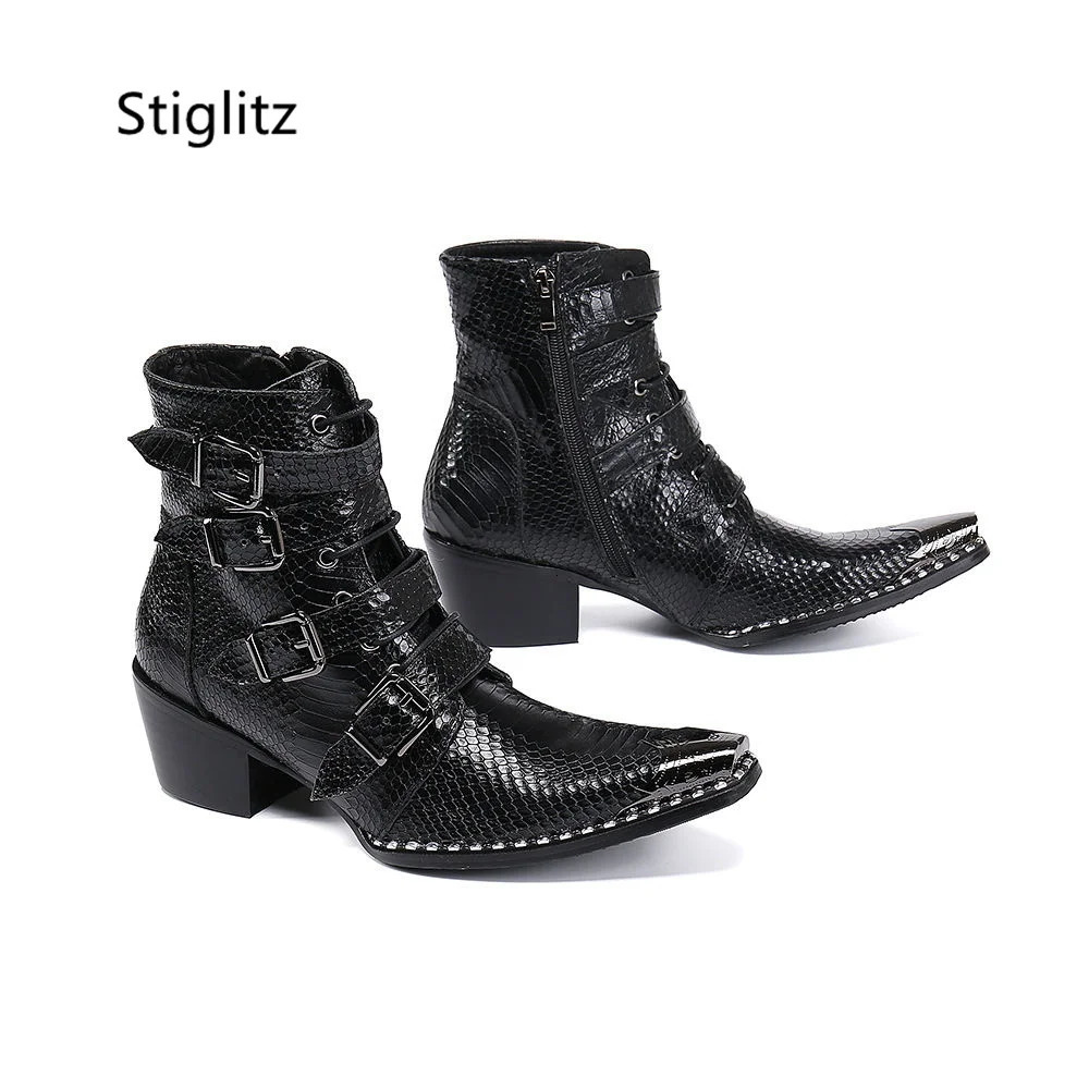 Belt Buckle Mens Ankle Boots Iron Toe Genuine Leather Business Shoes British Style Short High Heels Zip Lace Up Western Boots 250715
