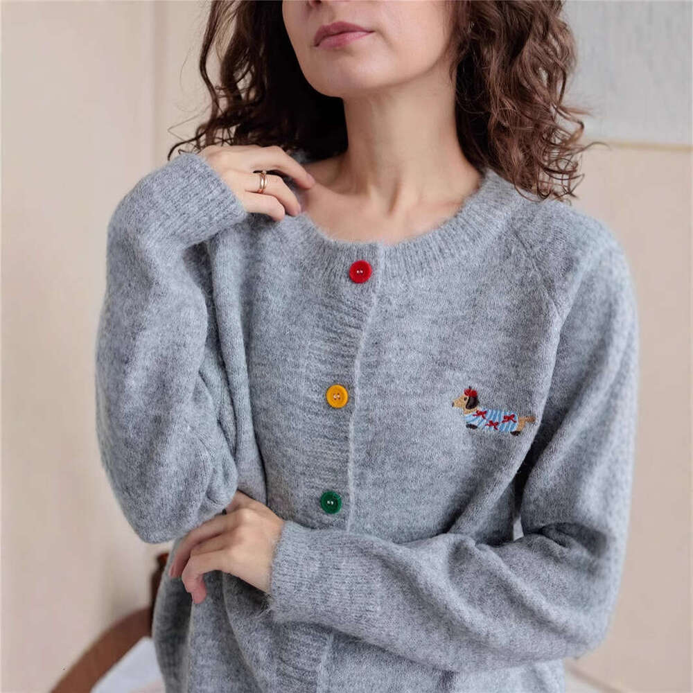 Round Neck Colorful Button Puppy Embroidery Long Sleeve Sweater Cardigan For Women Autumn Korean Style Versatile Top B5