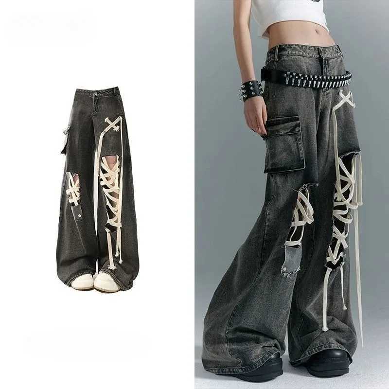 Summer High Street American Hottie Strap Pocket Ripped Cargo Baggy Jeans High Waist Punk Retro Wide Leg Pant Y2K Jeans Streetwear R250716