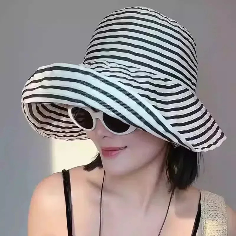 Japanese Style Foldable Summer Striped Wide Brim Sun Hat for Women - Stylish UV Protection Oversized Bucket Hat with Long Brim 250716