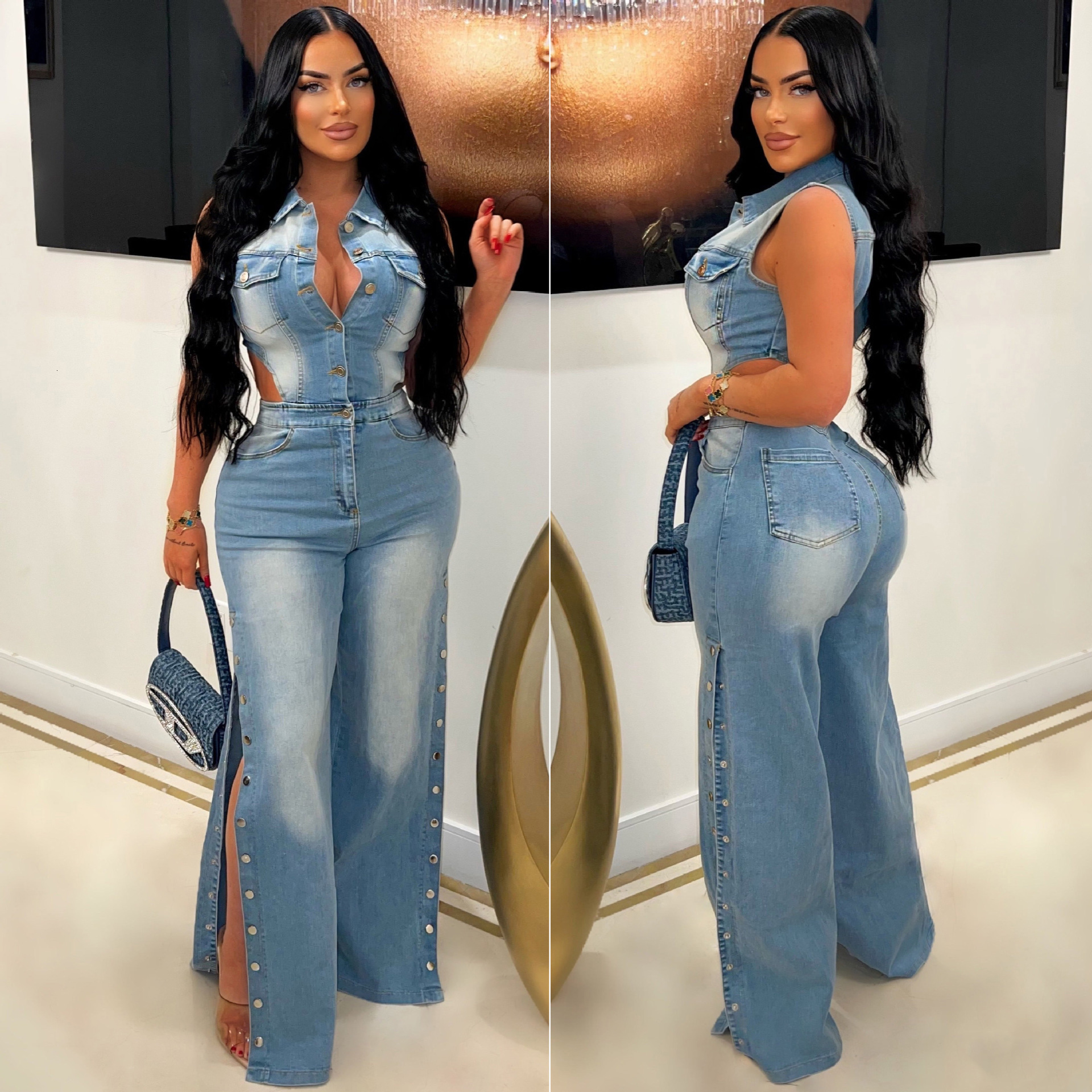 6986 tight waist slim fit elastic wash denim jumpsuit straight tube loose jumpsuit