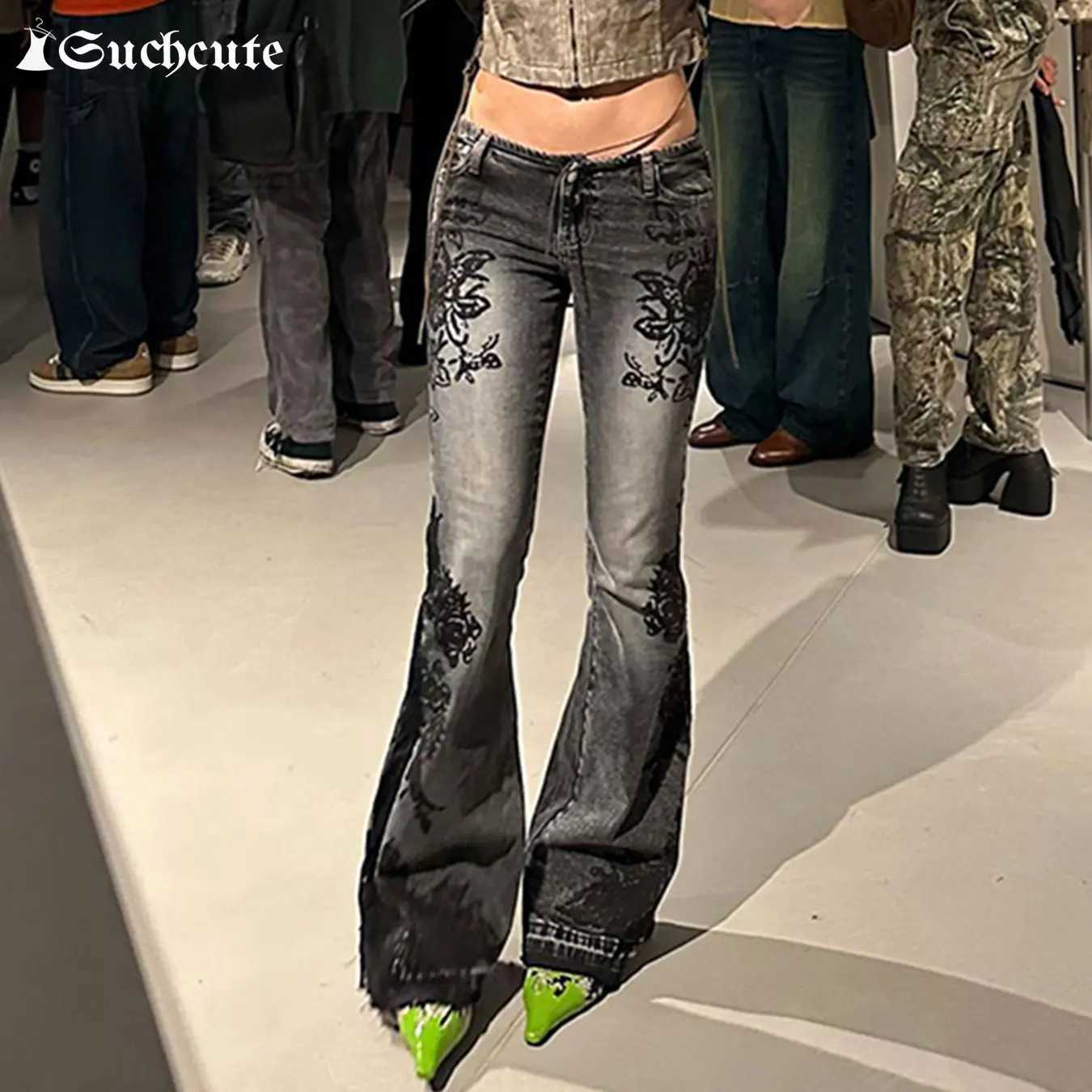 90s Vintage Plant Printed Flared Jeans Y2K Streetwear Low Waist Slim Denim Pants 2000s Washed High Street Women Trousers New R250716