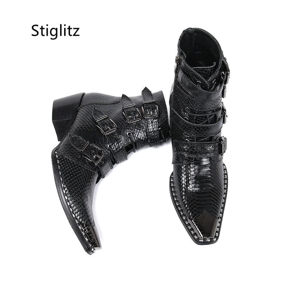 Belt Buckle Mens Ankle Boots Iron Toe Genuine Leather Business Shoes British Style Short High Heels Zip Lace Up Western Boots 250715