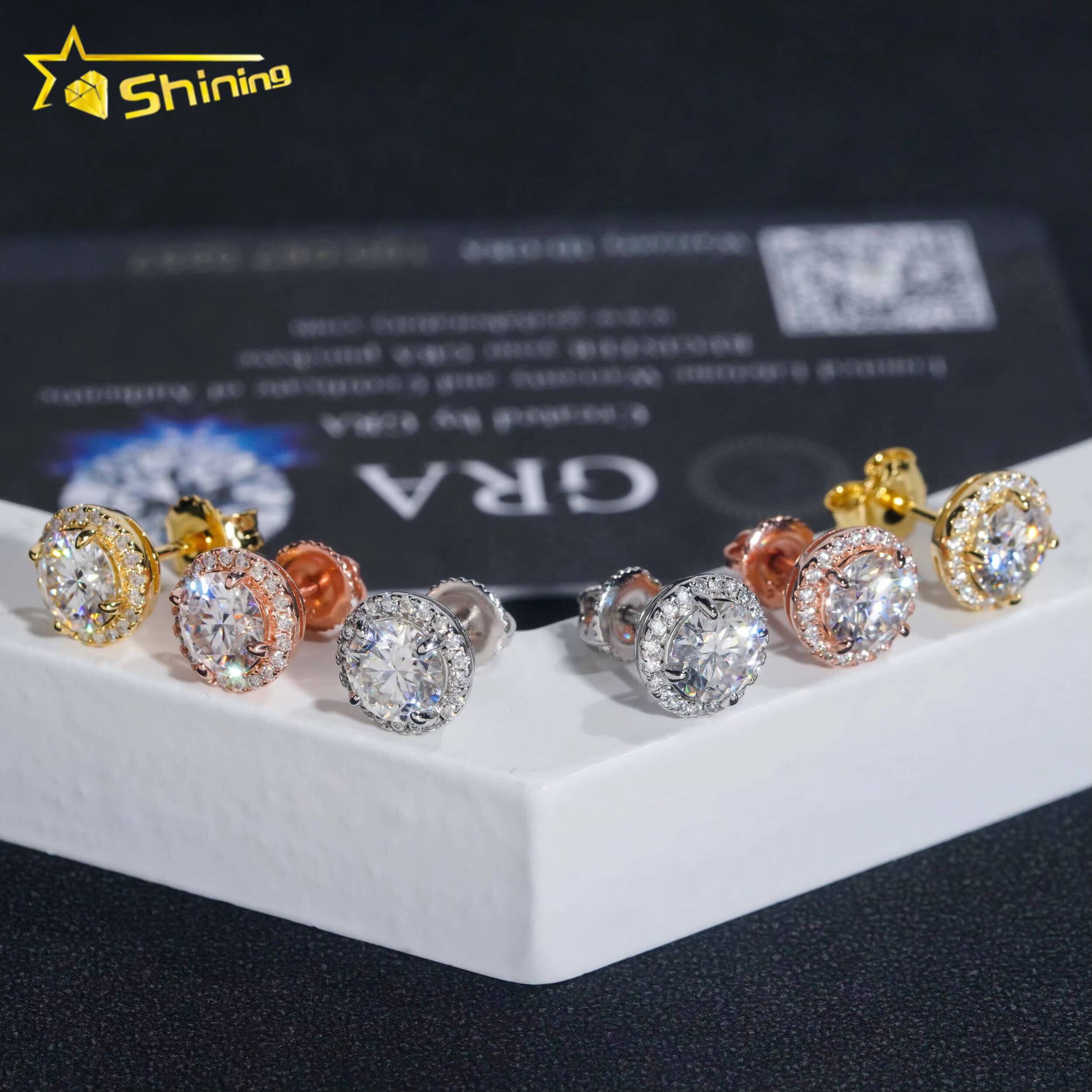 Ready to Ship Hip Hop Style Diamond Tester Certified 925 Silver Gold Plated VVS Diamond Moissanite Stud Earrings