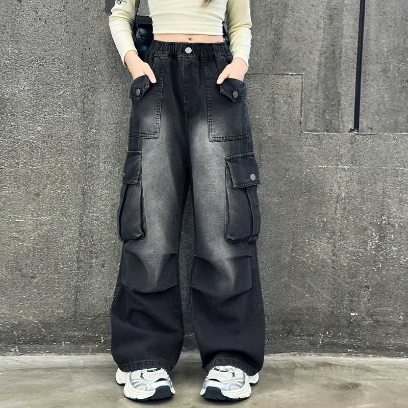 Kids Vintage Distressed Jeans with Pocket For Girls Y2K Fashion High Street Denim Pants Teens Child Baggy Cargo Jeans Trousers R250716