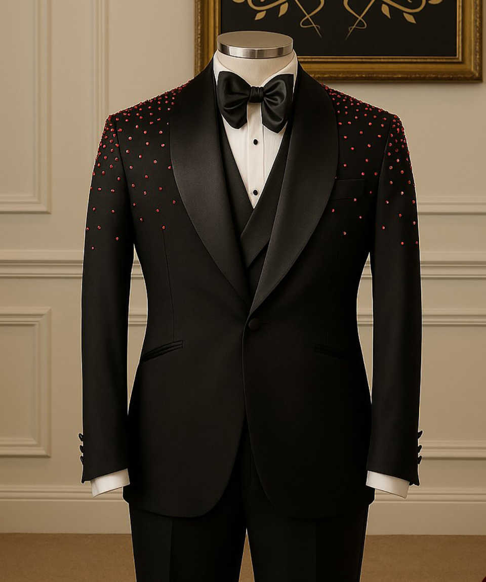 New Fashion Beads Jacquard 2 Pieces Men Suits One Button Shawl Lapel Tuxedo Slim Wedding Groom Prom Plus Size Costume Homme Bridegroom Tailor Made Coa