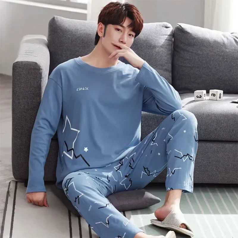 Men Pajamas Set Plus Size Cloud Cotton Pajamas Spring Long Sleeve Long Pants Teen Blue Loungewear Two Piece Set Sleepwear W250717