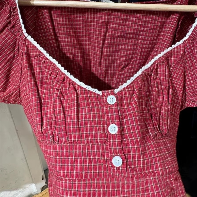 Red Plaid TShirt Shorts Set Women Summer Laceup Puff Sleeve BlouseButtons Elastic Waist Short Pants Cotton Sweet 2 Piece Sets y250707