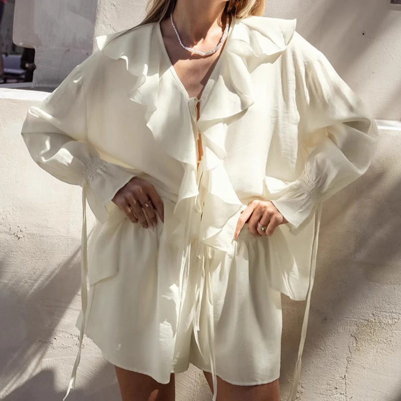 Summer Holiday Long Sleeve Ruffle Lace Up Chiffon Shorts Suit Women Casual V Neck Solid Loose Set 2025 Female Outfits 250714