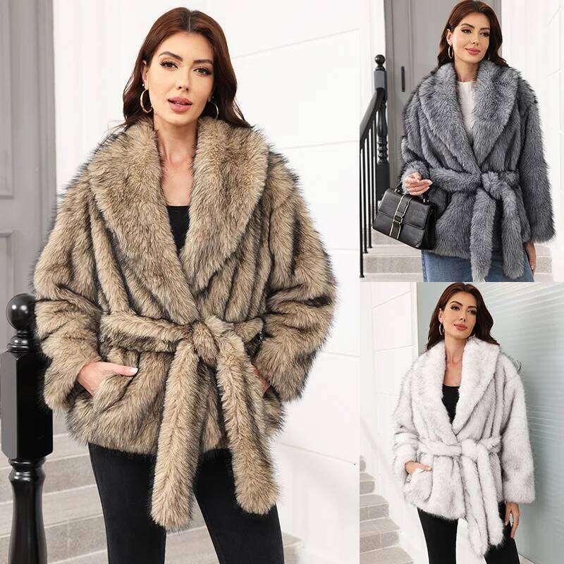Women Loose Lacing Faux Coat Brand Simple Advanced Design Solid Fur Fall Street Trend Warm Belt Mid-Length Fluffy