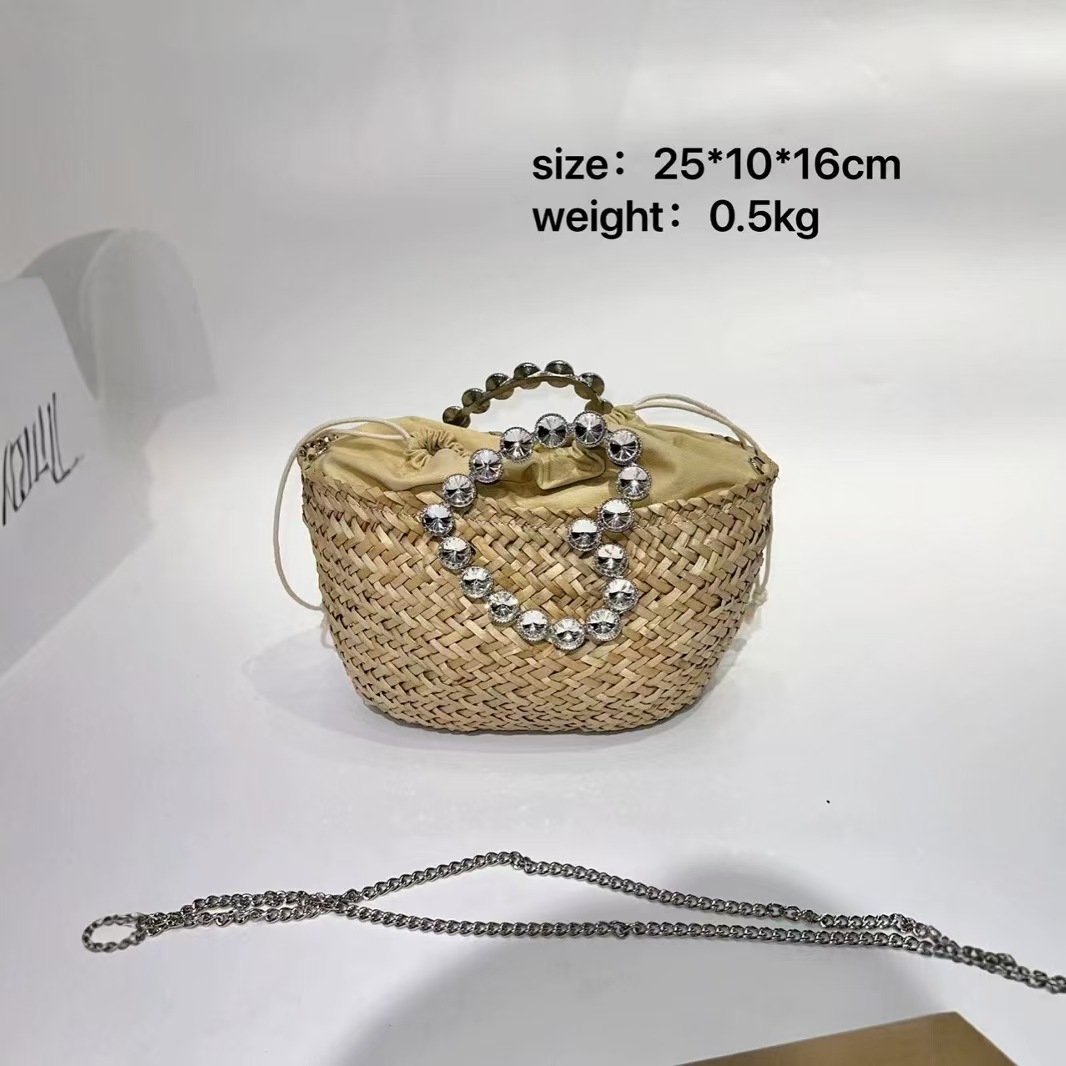 Straw Woven Handmade Bucket Crystal Dia Metal Handheld Women Handbag Lady Purse Shoulder Crossbody Holiday Beach Bag