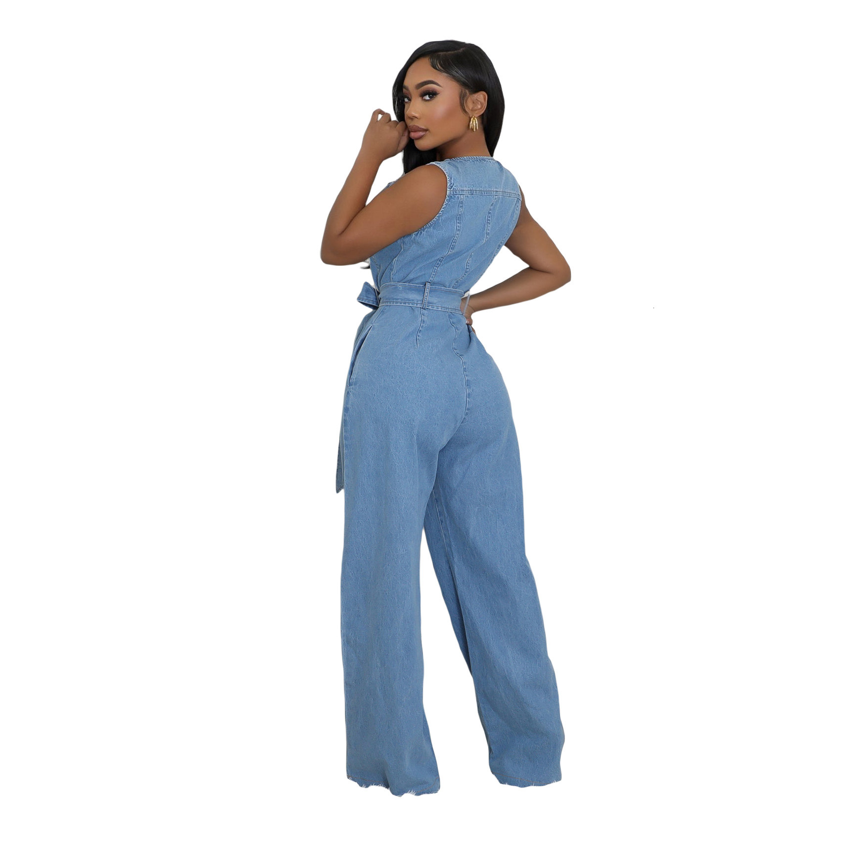 6990 tight waist slim fit elastic wash denim jumpsuit straight tube loose jumpsuit