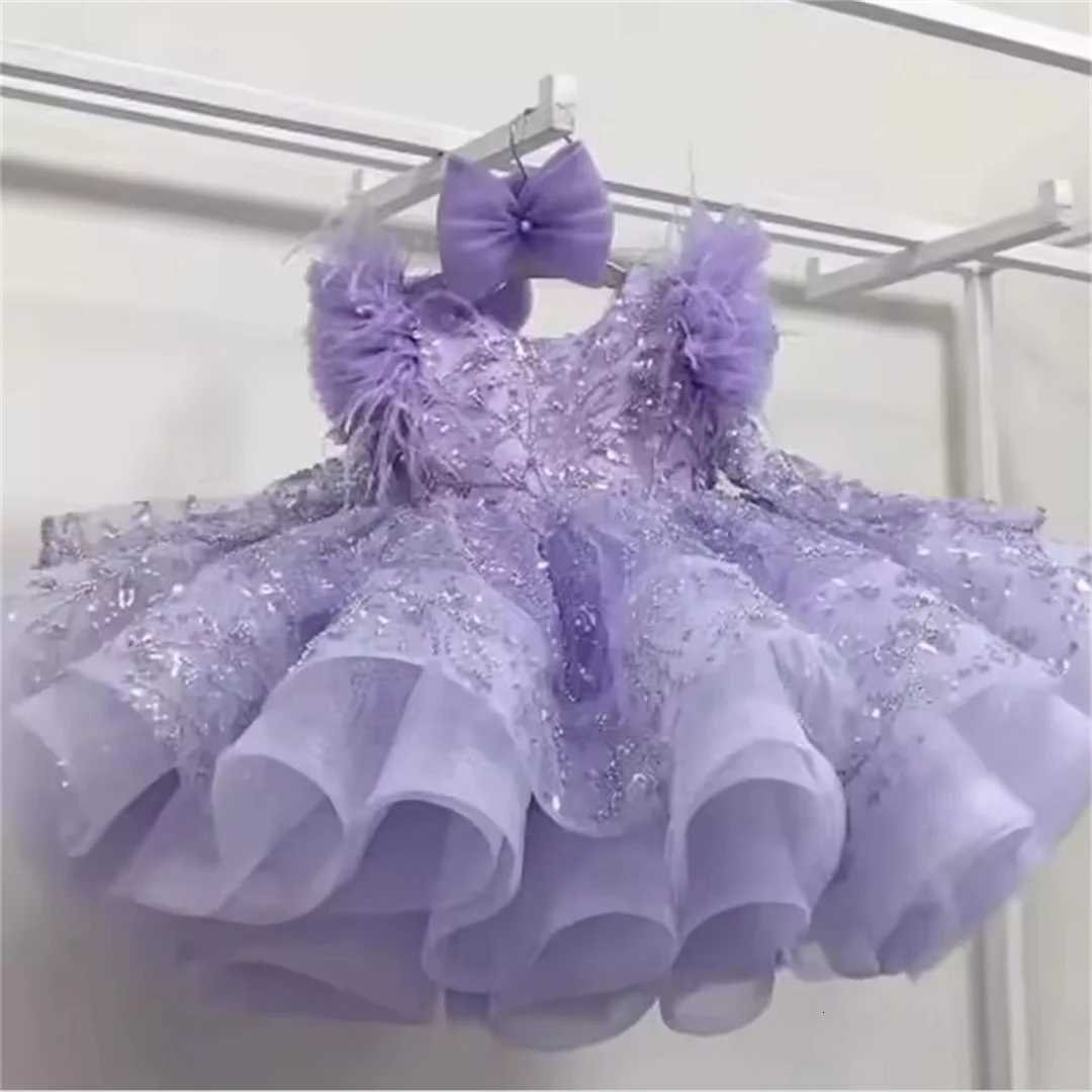 Feather Flower Girl Dresses for Wedding With Bow Pearls Appliques Knee Length Kids Birthday Dresses First Communion Gowns Z250716