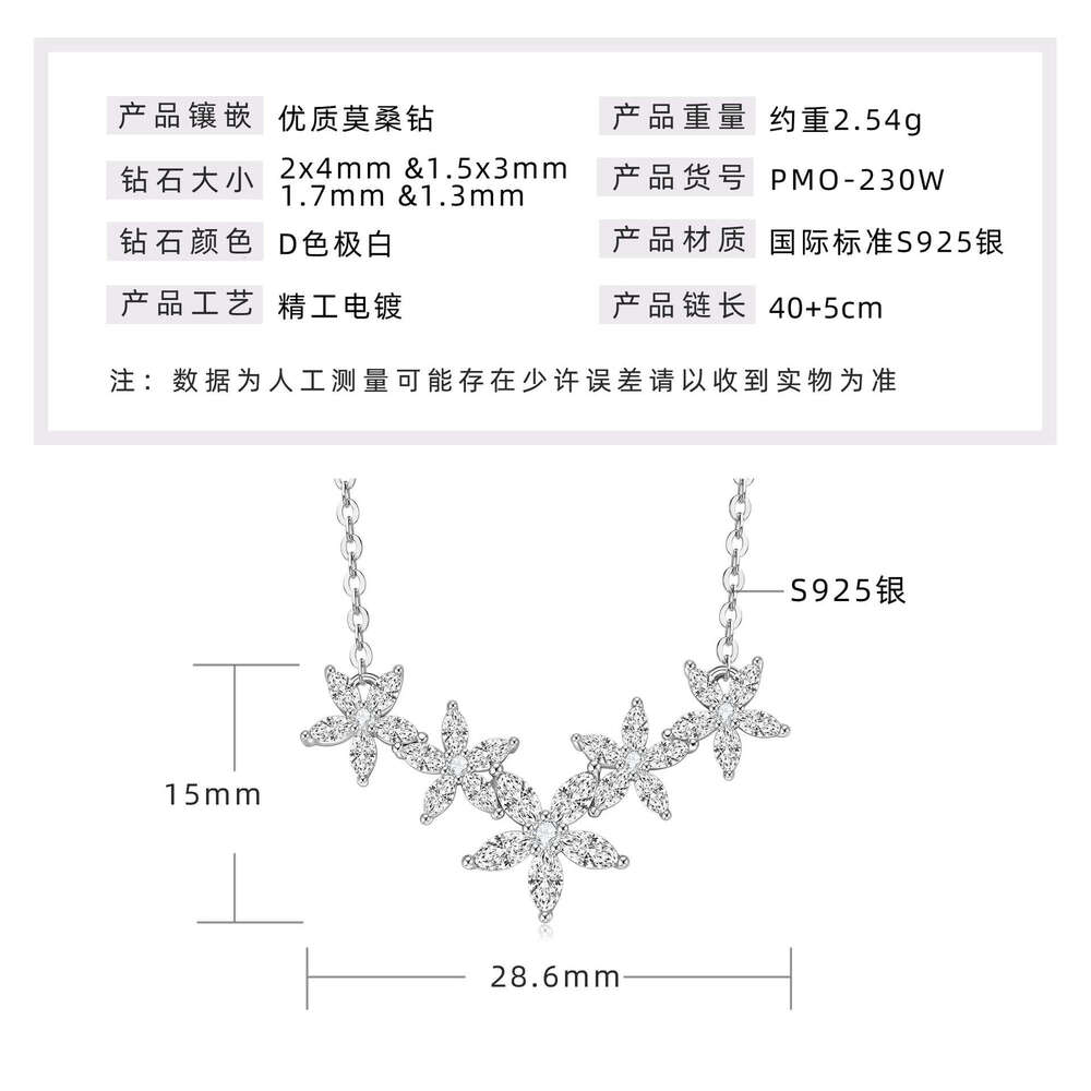 Irregular Moissanite Flower Necklace Fresh High-End Feel S Pure Sier Five Flowers Blooming Pendant New Style 22C