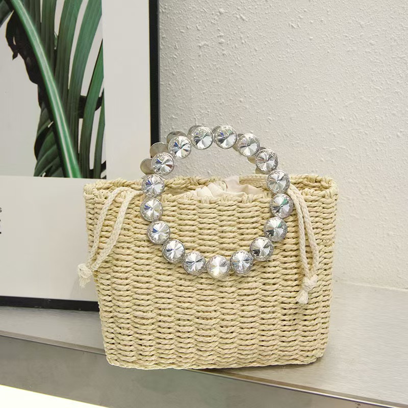 Straw Woven Handmade Bucket Crystal Dia Metal Handheld Women Handbag Lady Purse Shoulder Crossbody Holiday Beach Bag