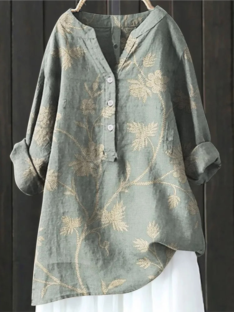 Womens Autumn Winter Fashion Printed Button Up Shirt Long Sleeved Bamboo Linen Casual Comfortable Top 250715