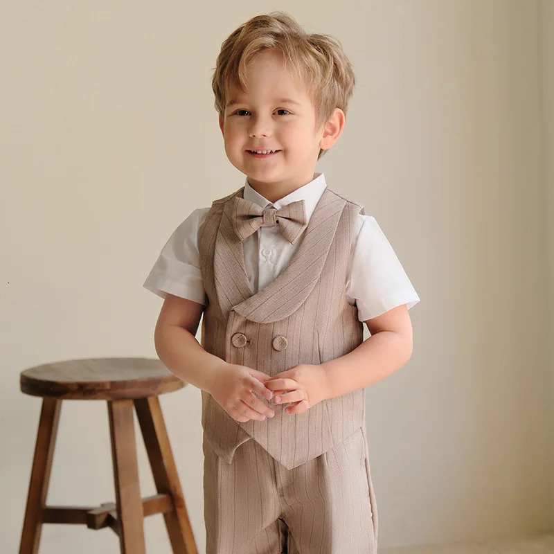 Childrens Boys Khaki Striped Suit Set Formal Kids Boys Wedding Suit Elegant Kids Boy Suit 1-10Y Boys Suits Outfit Set 250717