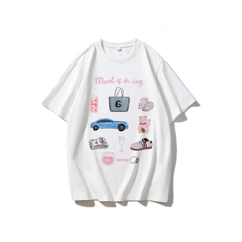 Hand-Painted Print T-Shirt For Women, Summer New Versatile Loose Round Neck Pure Cotton Short Sleeve Top Ins B5