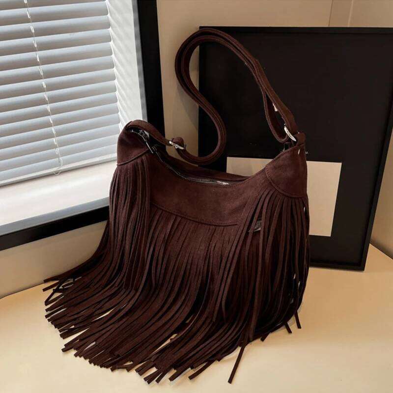Tassel Design Women's Hobo Bag Fashion Trend Handbag Suede Shoulder Crossbody Shopping Tote Vintage Commuter Bags
