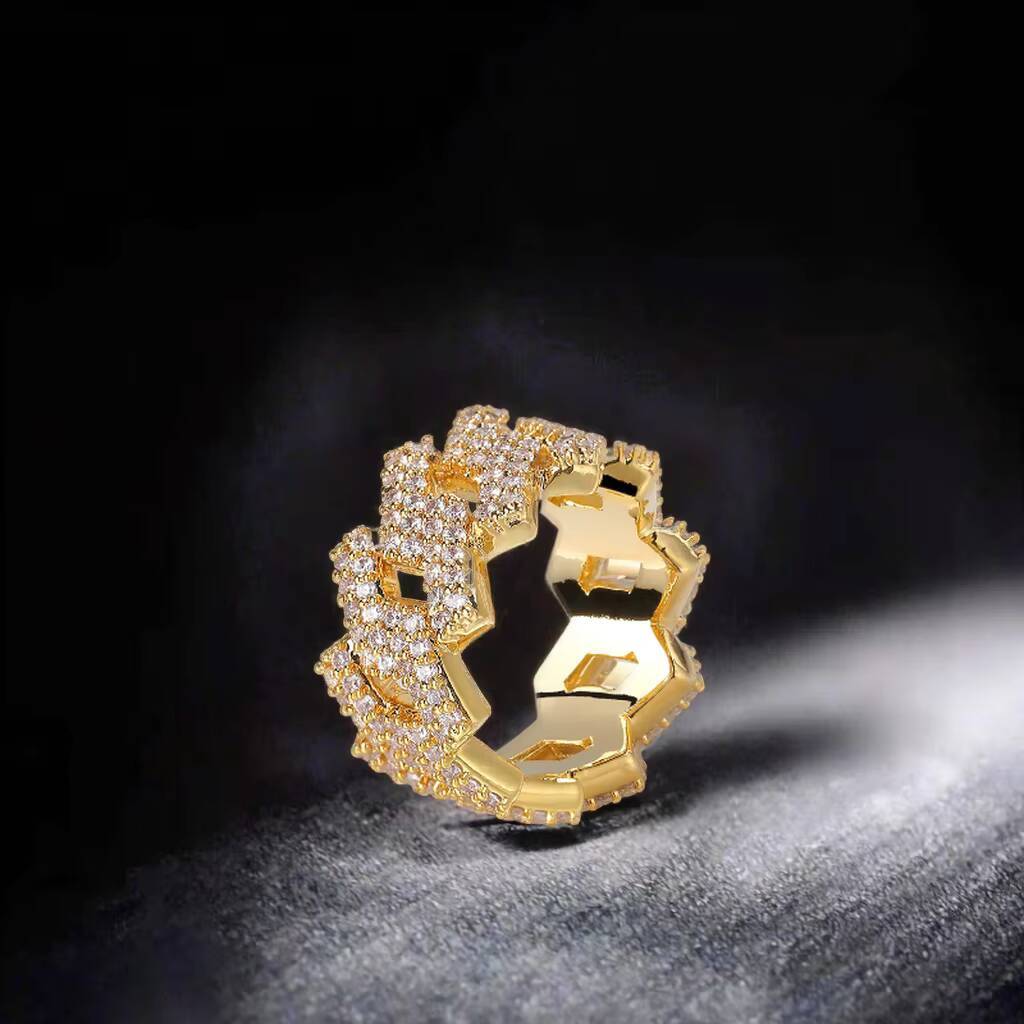 Fashion Mens Hip-Hop S925 Sterling Silver Gold Plated Rhombus Diamond Ring Fashion Micro-Inlaid Moissanite Ring for Men