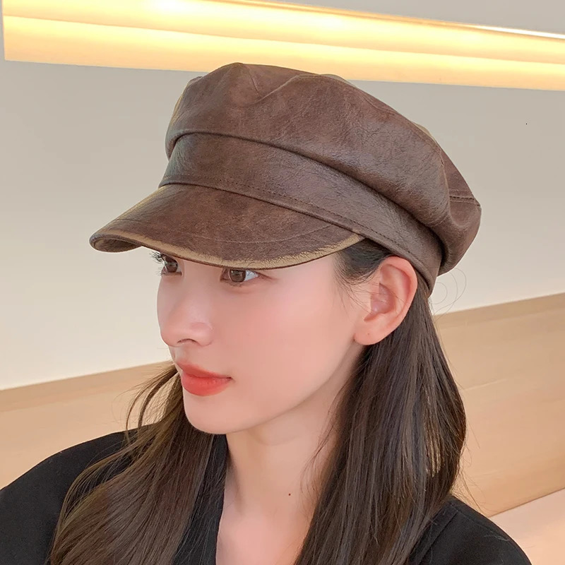 Womens Casual Military Cap PU Leather Flat Octagonal Captain Trucker Hat Vintage Artistic Painter Hip Hop Style 250716