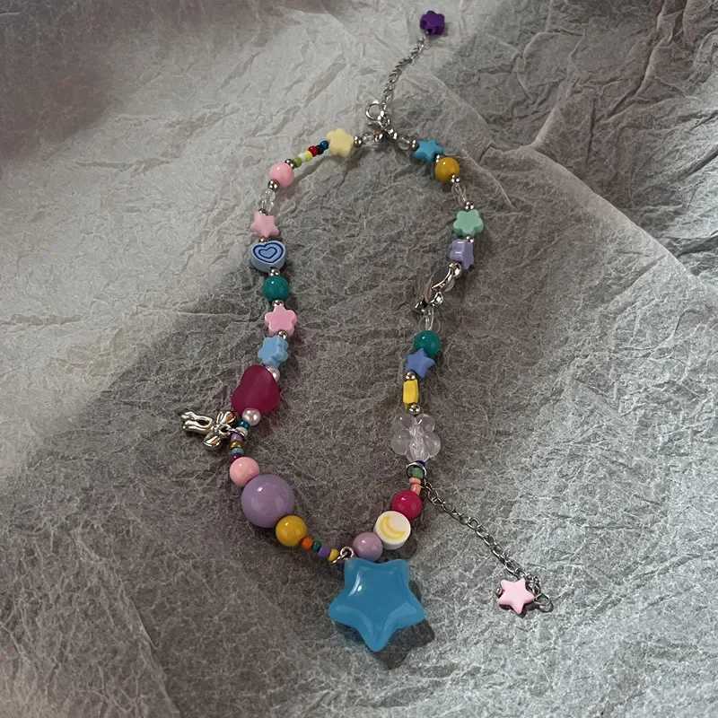 Kpop Y2K Boho Colorful Sugar Star Tassel Pendant Choker Necklace for Women Sweet Love Heart Chain Aesthetic Jewelry Accessories XJ250717
