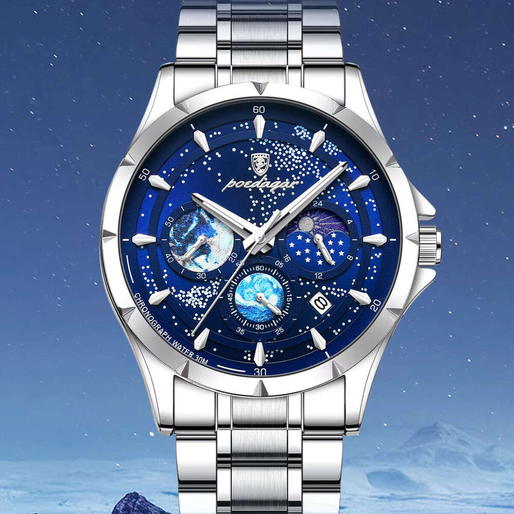 DHwatches Men's Multifunction Sports Watch - 50M Waterproof Stainless Steel Chronograph with Moon Phase & Date (Model 916)