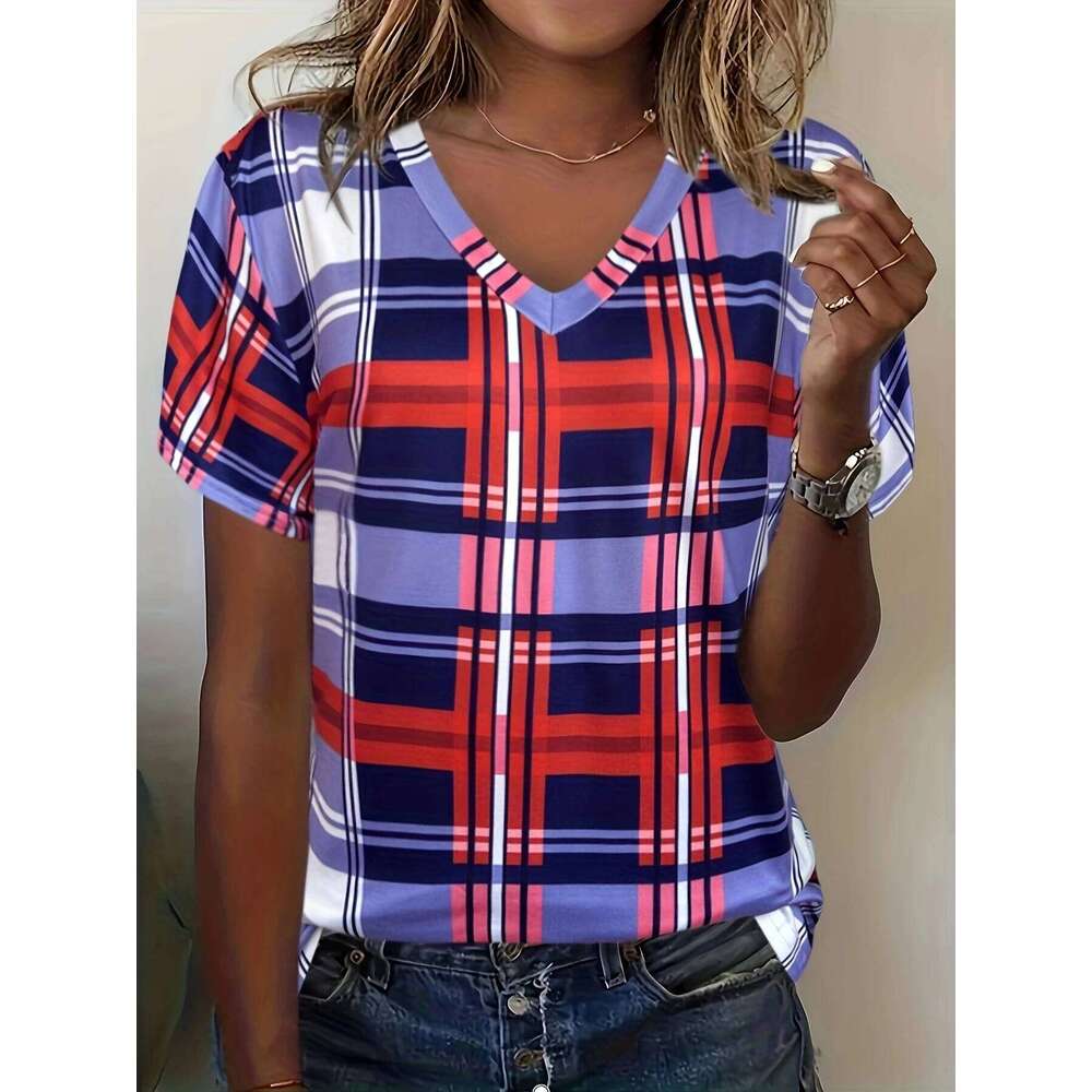 Women Elegant Simple V-Neck Short Sleeve 3D Floral Print Top Summer Casual Ladies T-Shirt Vintage Pullover Tops