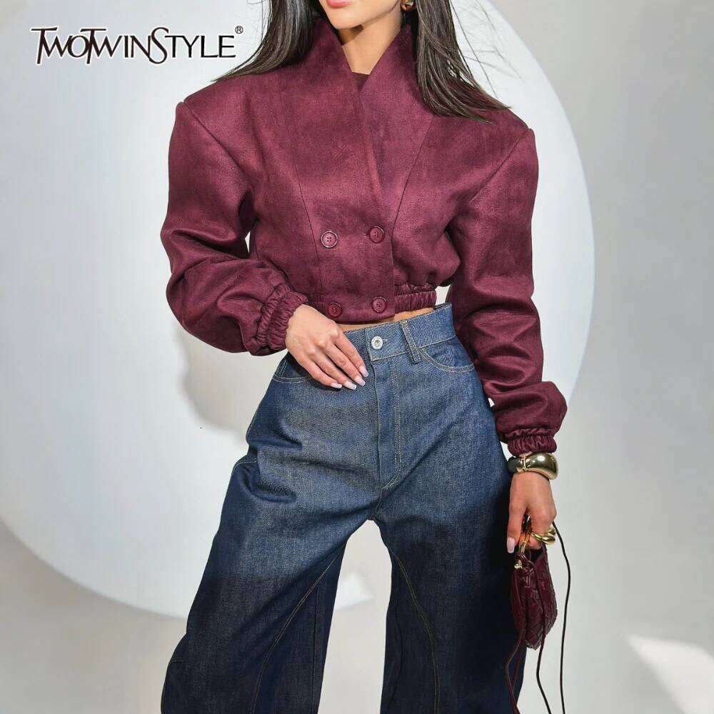 TWOTWINSTYLE Winered French Retro Slim Coats For Women V Neck Spliced Double Breasted Long Sleeved Short Jackets Female Fashion