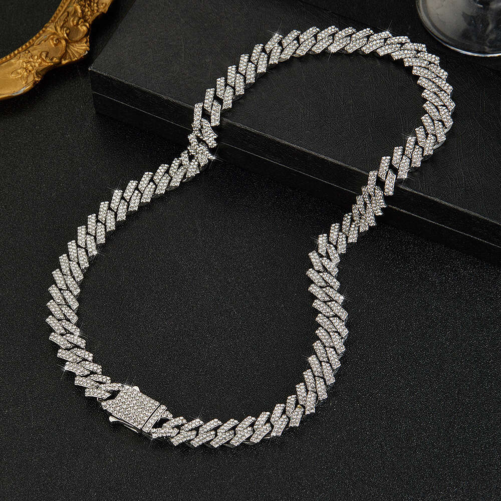 New 11mm Rhombus Alloy Rhinestone Cuban Necklace for Men and Women Hip Hop Style