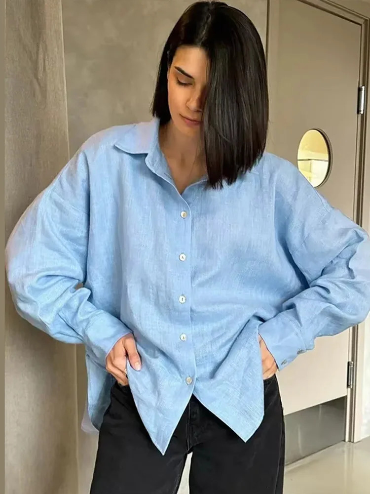 Fashion Loose Womens Shirts Long Sleeve Lapel Oversize Female Blouses 2025 Spring Summer Elegant Pink Cotton Linen Lady Shirts 250715