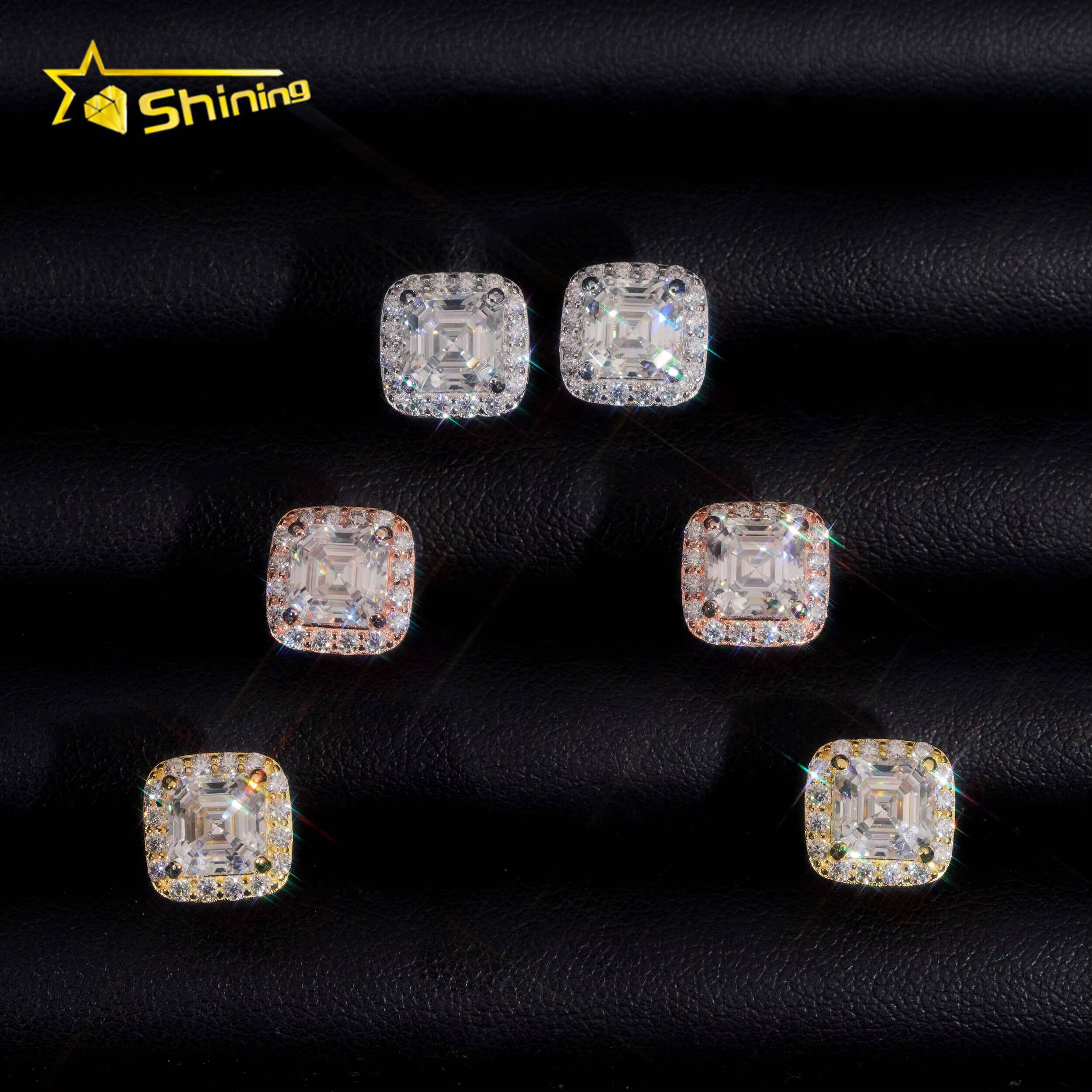 RTS Diamond Tester Certified Hip Hop Jewelry 925 Silver Asscher Cut VVS Diamond Moissanite Stud Earrings Fashion Earrings