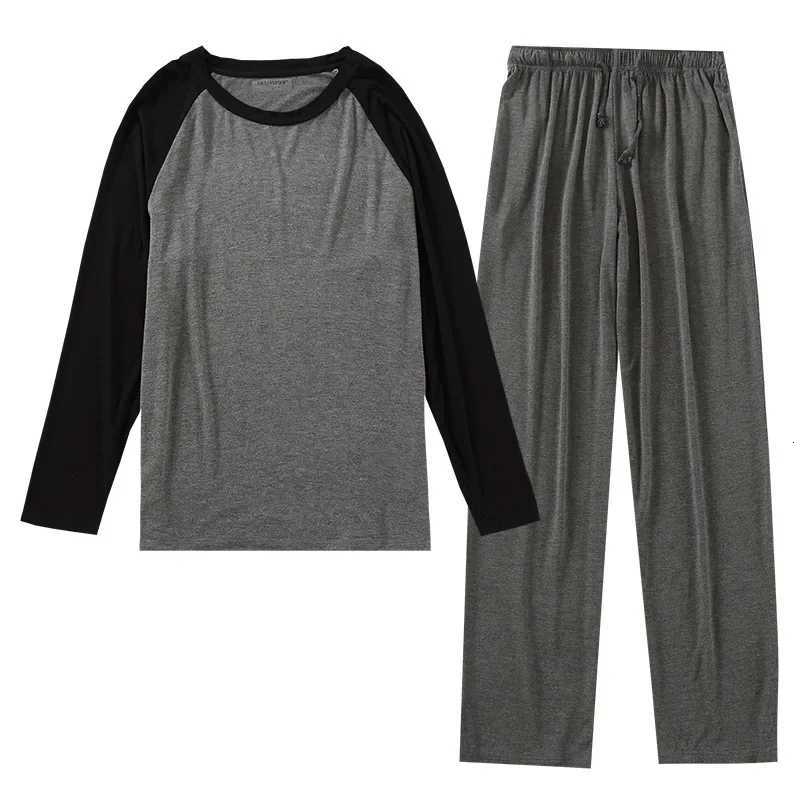 Spring and Summer Mens Modal Long-Sleeved Trousers Pajamas Set Splicing Large Size Sports Home Service Suit Spring and Autumn W250717