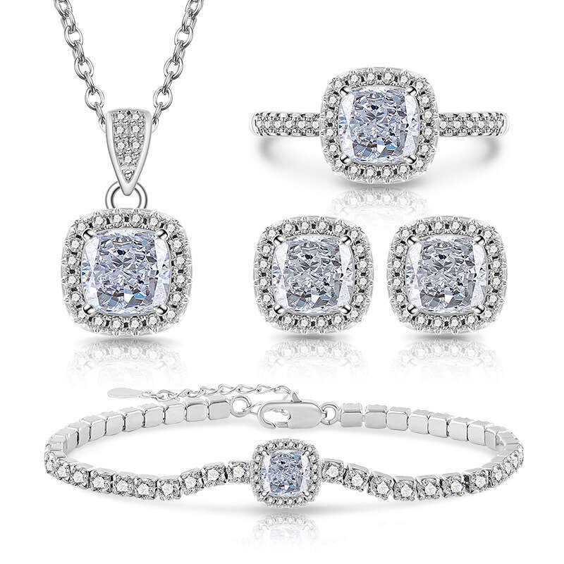 Simple and Elegant Square Zircon Korean Versatile Fashion Ring Earrings Necklace Bracelet Set 531