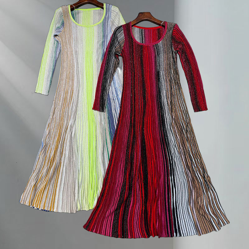 Ladies Striped Long Sleeve Knit Dress Summer New Arrival Designer Square Neck Maxi Dress Two Colors Sequin Detail Plus Size Luxury Evening Gown S0735