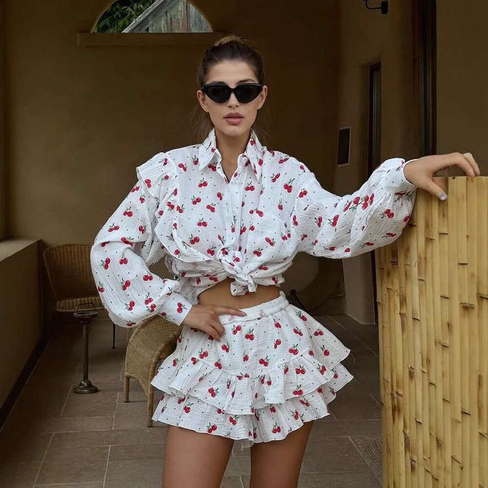 Cotton Printed Spring Summer Ruffled Long Sleeve Shirt + Shorts Casual Set B5
