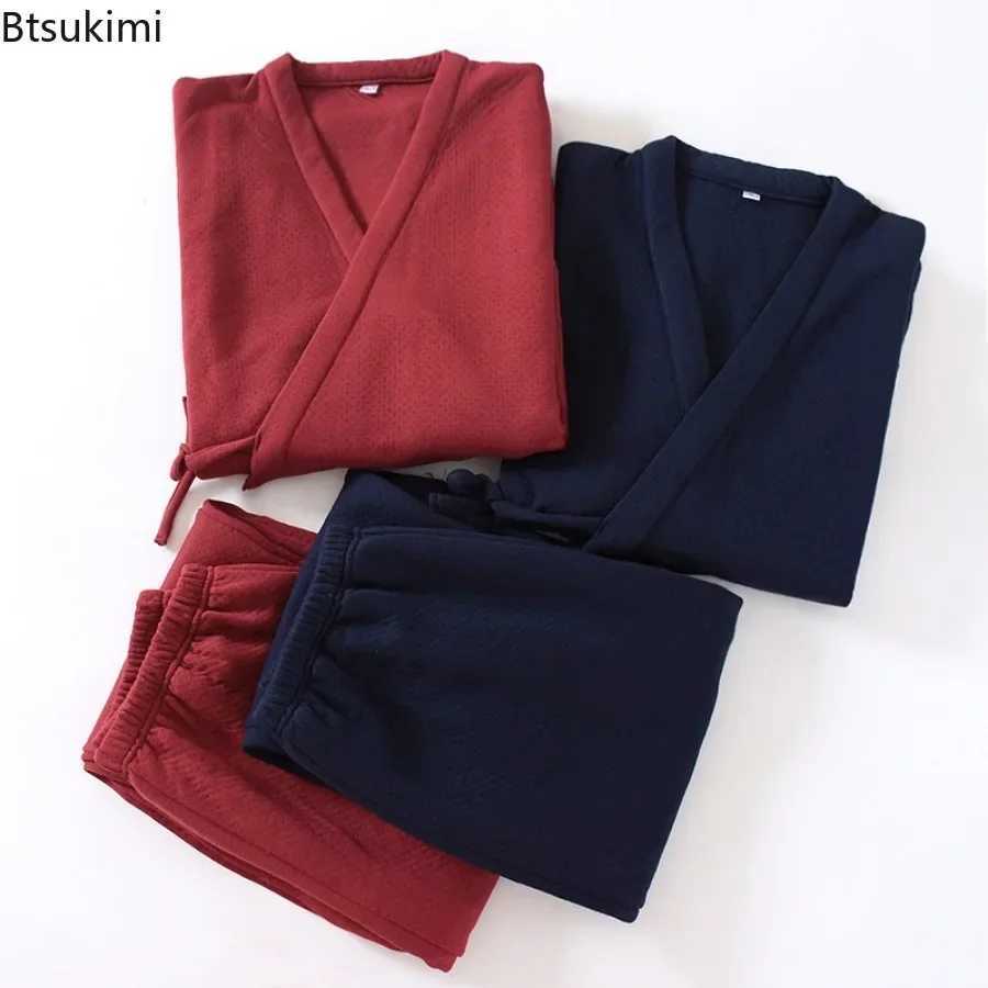 Mens Autumn Winter Pajama Sets Japanese Style Kimono Sleepwear Two-Piece 100% Cotton Air Layer Thick Warm Home Clothes Suit W250717