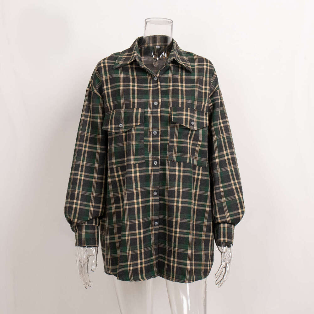 For Women Autumn New American Style Double Pocket Plaid Striped Mid-Length Shirt B5