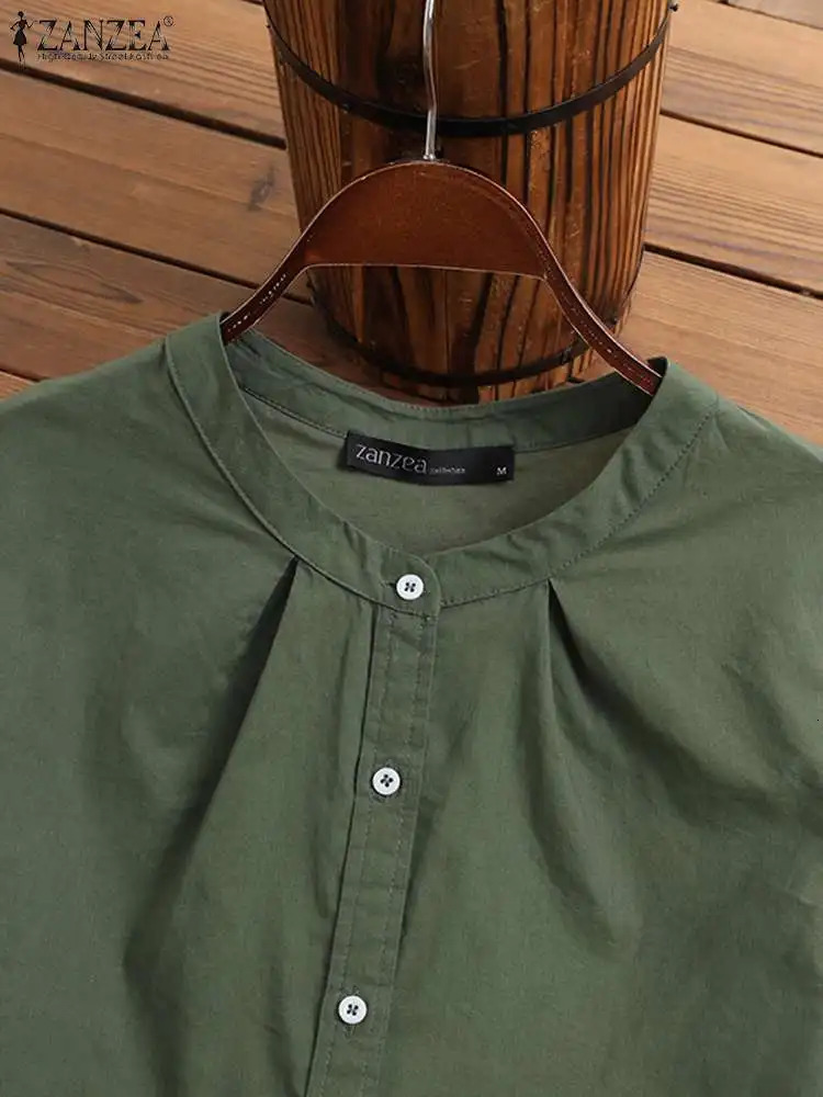 ZANZEA 2025 Spring Summer Blouses Casual Women Shirts Solid Color 34 Sleeve Buttons Cotton Linen Blusas Solid Top Casual Tunic 250715