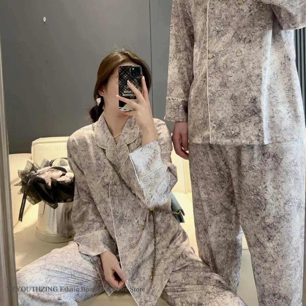2PCS Mens Pajamas Set Nightwear Fashion Print Couple Sleepwear Trouser Suits Loungewear Loose Ice Silk Satin Homewear Pajamas W250717